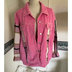 Beautiful Pink Corduroy Jacket with White & Pink Plaid Sleeves 💗🤍💗🤍